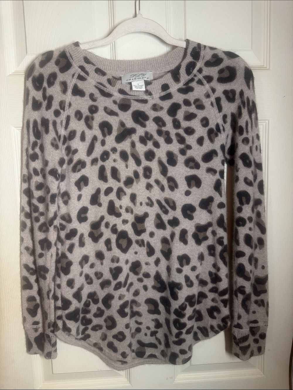 ply cashmere Taupe and Black Leopard Crewneck Sweater